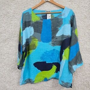 Puro Lino Womens Linen Abstract Lagenlook Tunic Top OS Made in Italy Artsy Boho